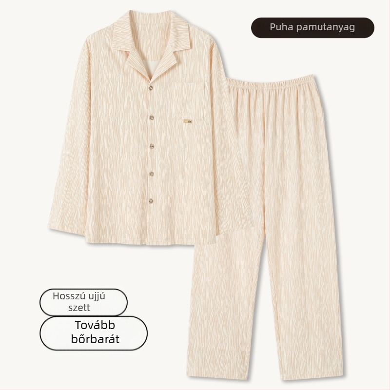 Férfi 100% pamut pizsama szett – kardigán stílusú galléros, hosszú ujjú, hosszú nadrág