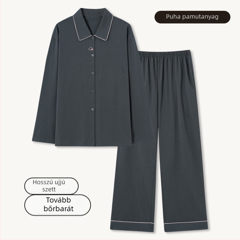 Férfi 100% pamut pizsama szett – kardigán stílusú galléros, hosszú ujjú, hosszú nadrág