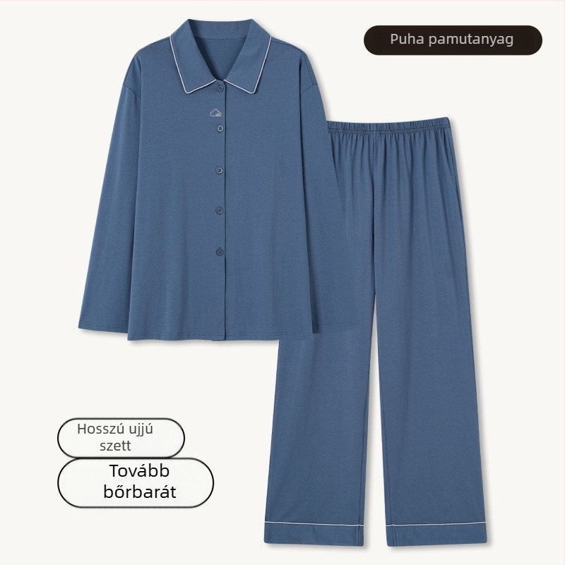 Férfi 100% pamut pizsama szett – kardigán stílusú galléros, hosszú ujjú, hosszú nadrág