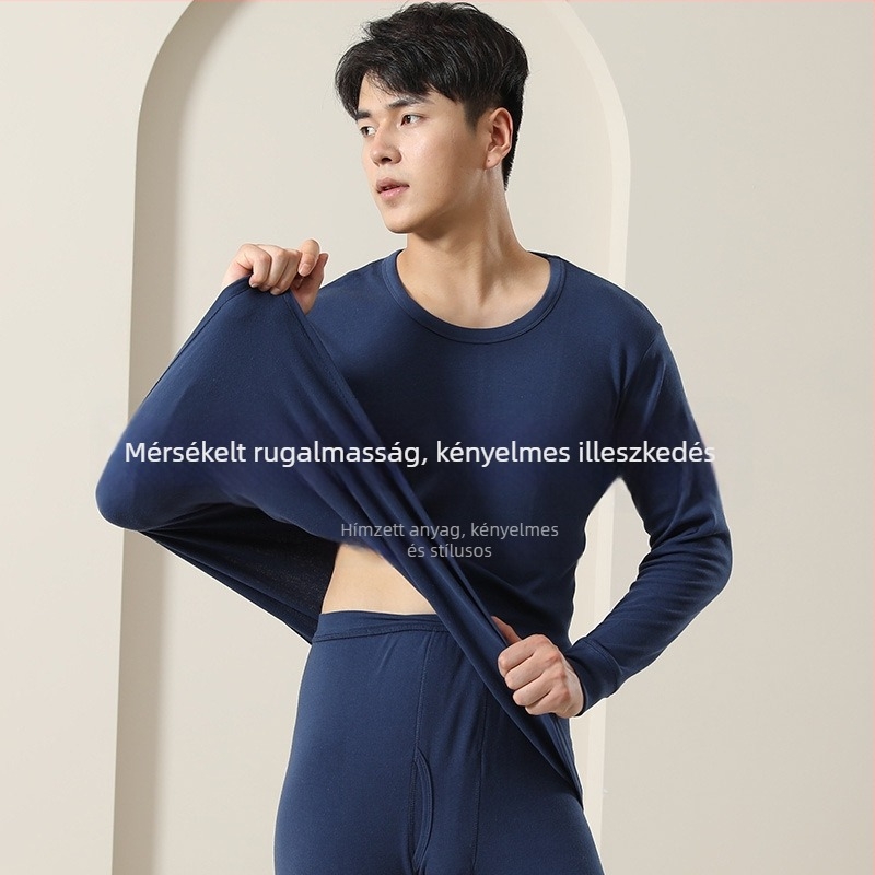 Férfiak számára pamut termikus alsónemű készlet középmagas gallérrel, laza szabás, egy réteg, extra vast anyag 301–350 g/m², 100% pamut bélés, idős férfiaknak.