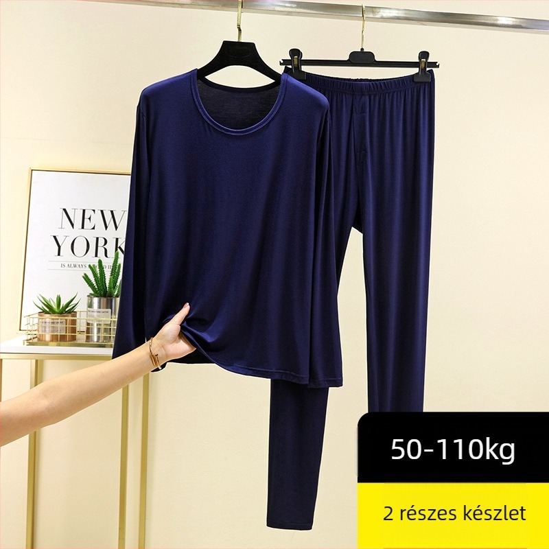 Férfi modal őszi pizsama szett – hosszú ujjú felső és nadrág, egyszínű, környakú, vastag anyag 201-250 g/m2