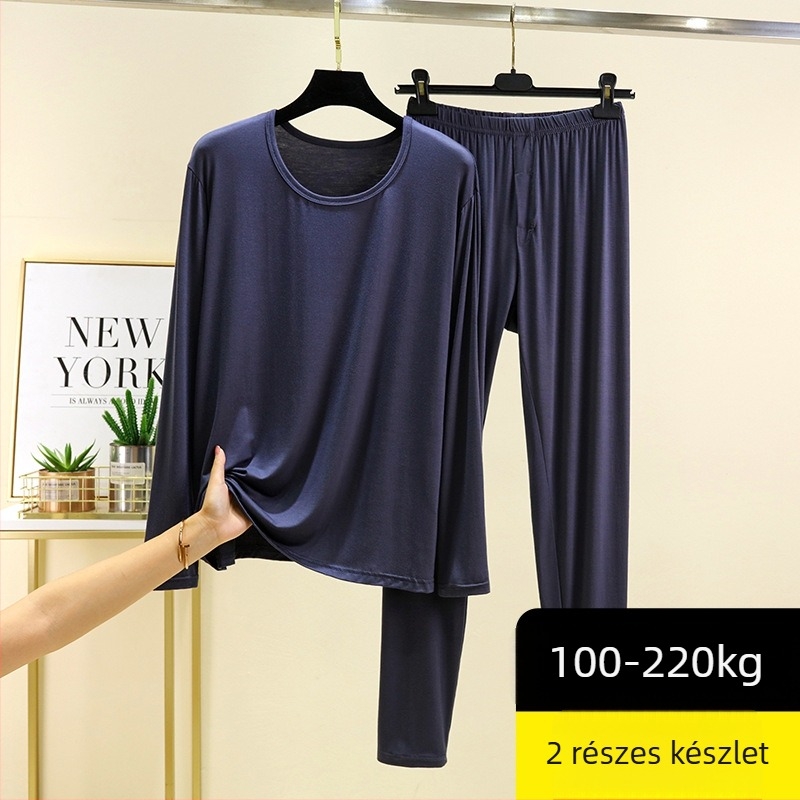 Férfi modal őszi pizsama szett – hosszú ujjú felső és nadrág, egyszínű, környakú, vastag anyag 201-250 g/m2
