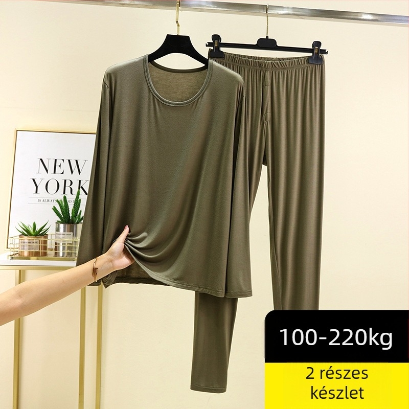 Férfi modal őszi pizsama szett – hosszú ujjú felső és nadrág, egyszínű, környakú, vastag anyag 201-250 g/m2