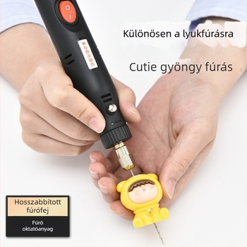 12V-os mini elektromos fúró, folyamatosan szabályozható sebesség, kefés motor, hálózati tápegység, univerzális tokmány, előre-hátra nélkül