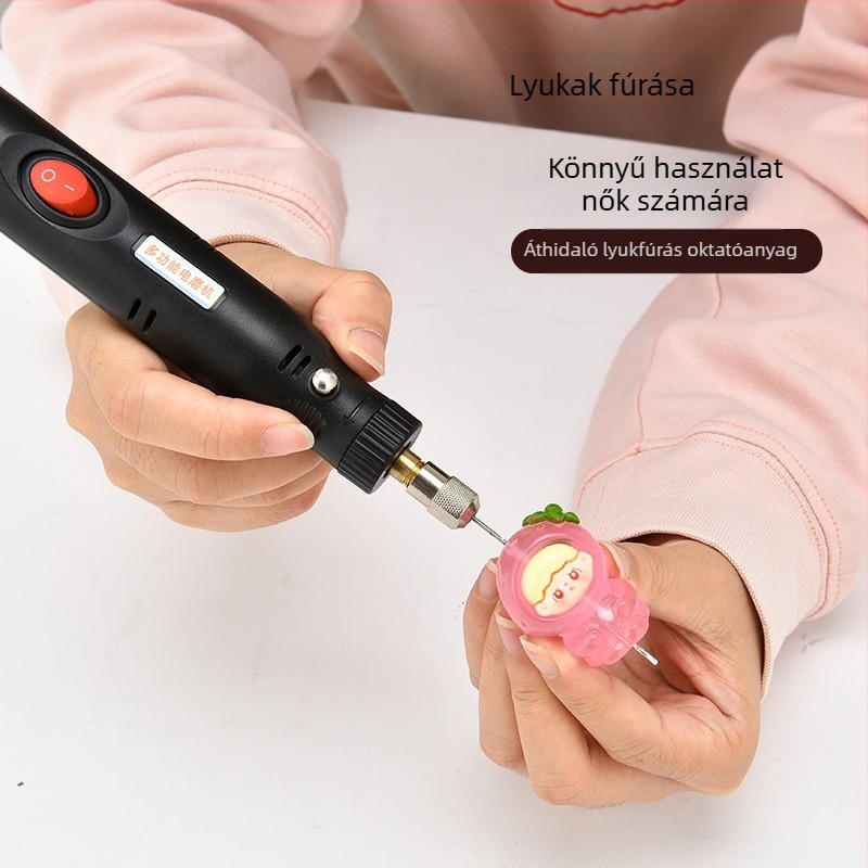 12V-os mini elektromos fúró, folyamatosan szabályozható sebesség, kefés motor, hálózati tápegység, univerzális tokmány, előre-hátra nélkül