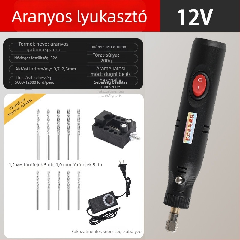12V-os mini elektromos fúró, folyamatosan szabályozható sebesség, kefés motor, hálózati tápegység, univerzális tokmány, előre-hátra nélkül