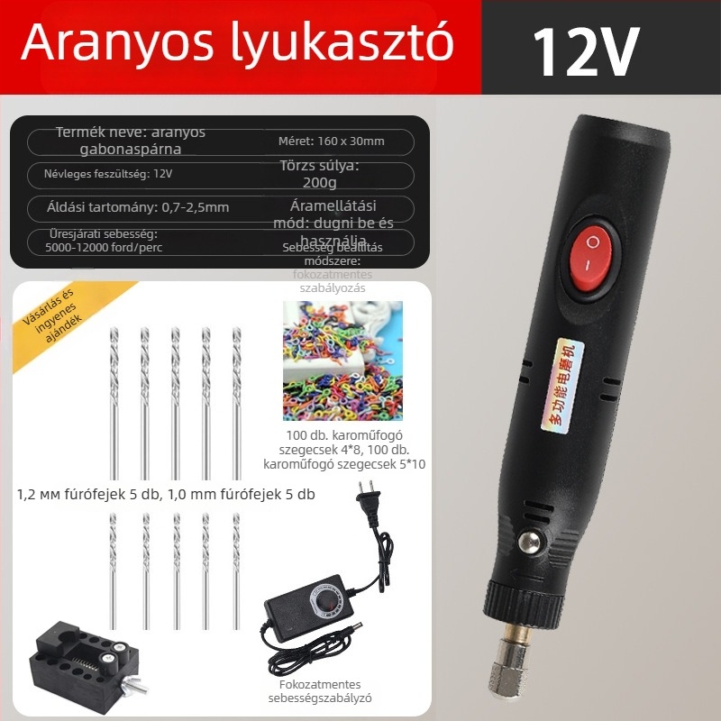 12V-os mini elektromos fúró, folyamatosan szabályozható sebesség, kefés motor, hálózati tápegység, univerzális tokmány, előre-hátra nélkül