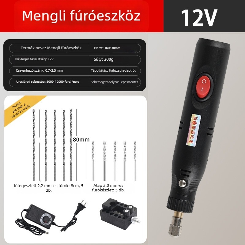 12V-os mini elektromos fúró, folyamatosan szabályozható sebesség, kefés motor, hálózati tápegység, univerzális tokmány, előre-hátra nélkül