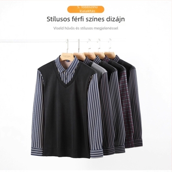 Férfiaknak szóló ál-két részes hosszú ujjú ing fleece-béléssel, kockás és csíkos mintával, szív alakú gallér, üzleti megjelenés
