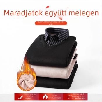 Férfiaknak szóló ál-két részes hosszú ujjú ing fleece-béléssel, kockás és csíkos mintával, szív alakú gallér, üzleti megjelenés
