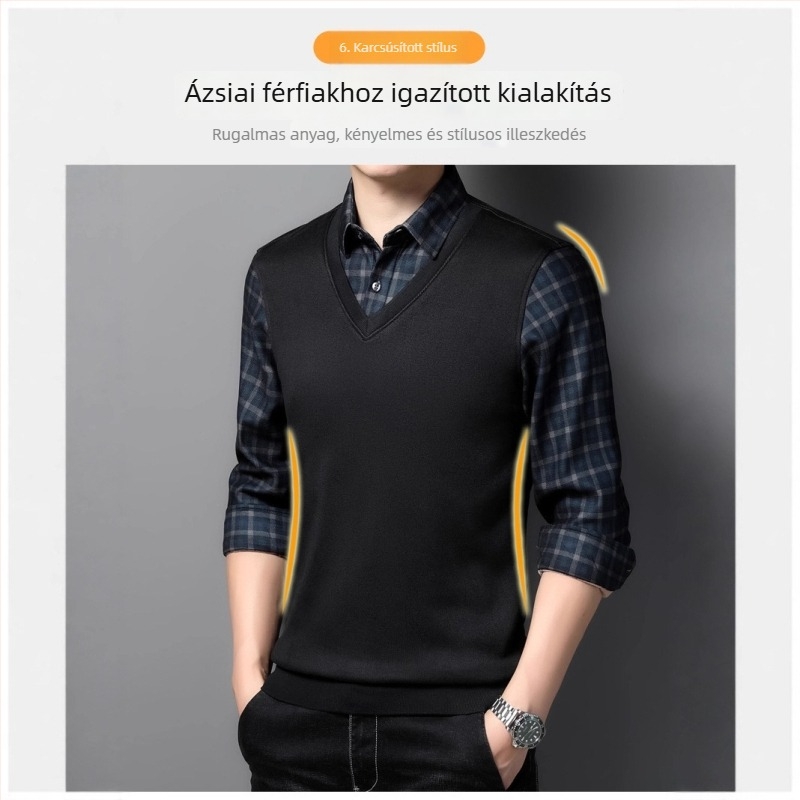 Férfiaknak szóló ál-két részes hosszú ujjú ing fleece-béléssel, kockás és csíkos mintával, szív alakú gallér, üzleti megjelenés