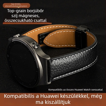 Lychee-mintázatú valódi bőrszíj Huawei GT3 Pro és Watch 2/4/5/6 modellhez, mágneses csattal, férfi minimalist stílus
