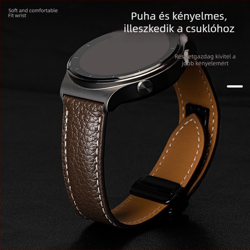 Lychee-mintázatú valódi bőrszíj Huawei GT3 Pro és Watch 2/4/5/6 modellhez, mágneses csattal, férfi minimalist stílus
