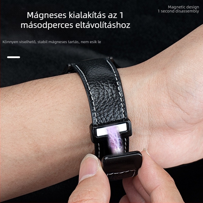 Lychee-mintázatú valódi bőrszíj Huawei GT3 Pro és Watch 2/4/5/6 modellhez, mágneses csattal, férfi minimalist stílus