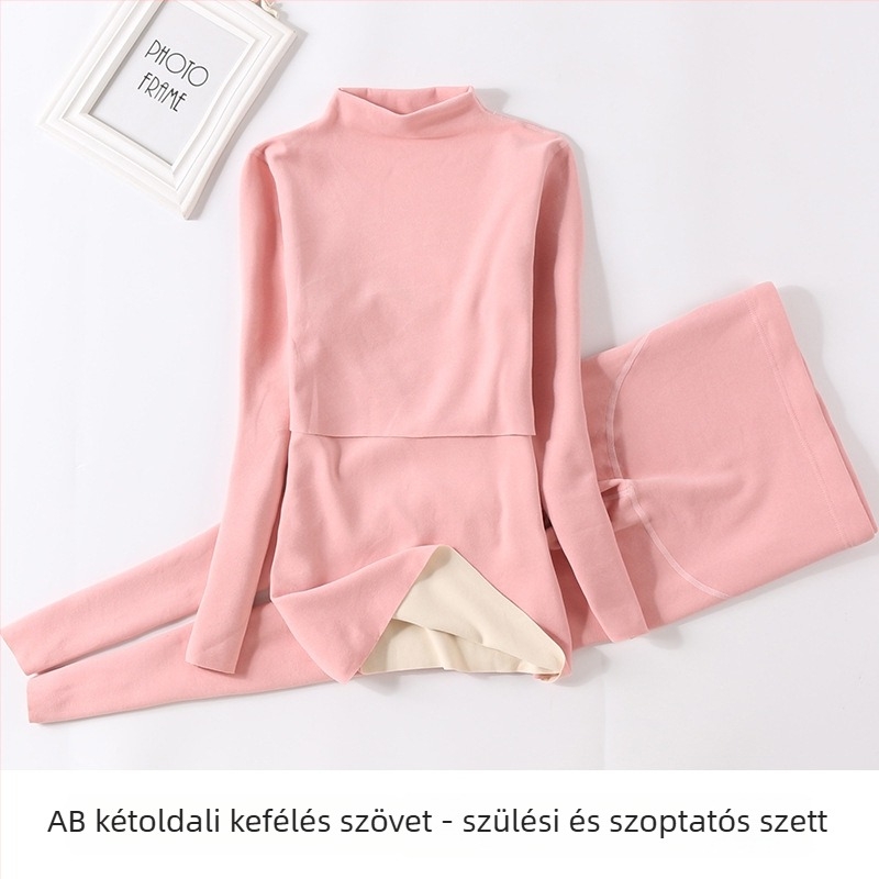 Terhes nők velúr termikus alsó-felső szett középmagas gallérral, fleece belsővel, őszi viselet, szoptatásra és szülés utáni használatra