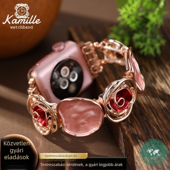 Apple Watch szíj – Rozé arany színű fém elasztikus szíj zománcfényezéssel, 15 cm hosszú, csatlakozók 14/20 mm