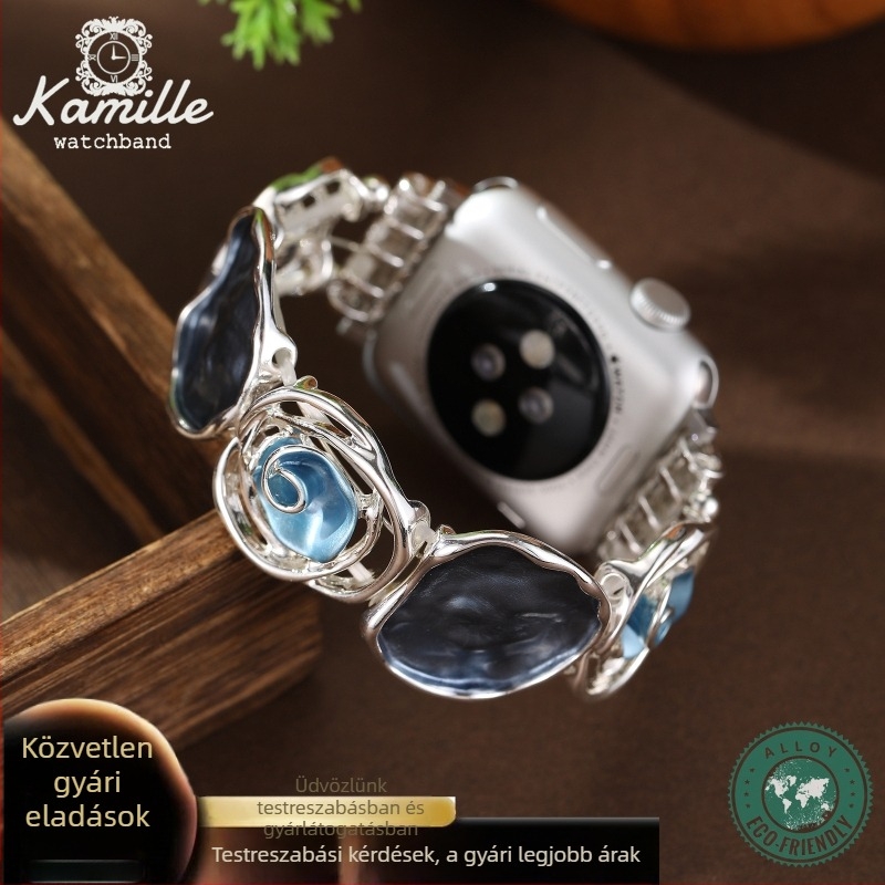 Apple Watch szíj – Rozé arany színű fém elasztikus szíj zománcfényezéssel, 15 cm hosszú, csatlakozók 14/20 mm