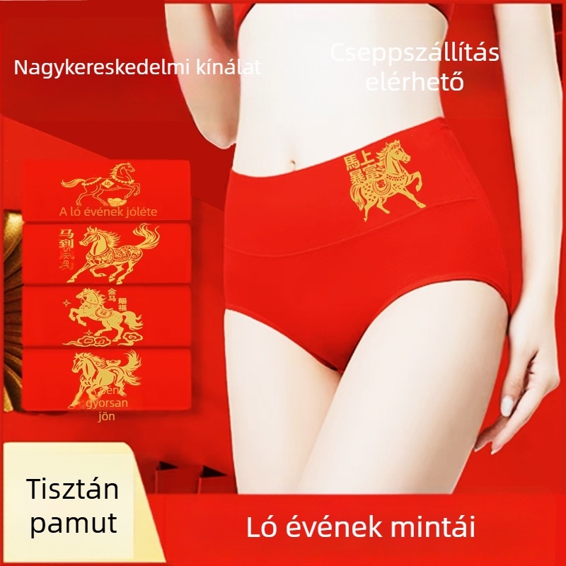 Vörös pamutból készült magas derekú pluszméretű női alsó, egyszínű, lélegző, A ló éve
