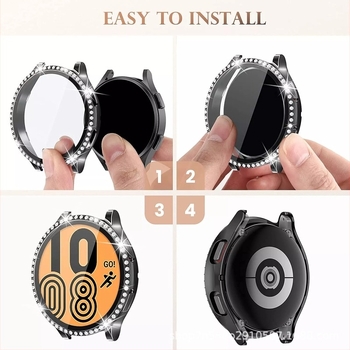 Okosóra tok egysoros gyémánt díszítéssel és integrált edzett kijelzővédővel — szilikon, Samsung Galaxy Watch 5/6 kompatibilis