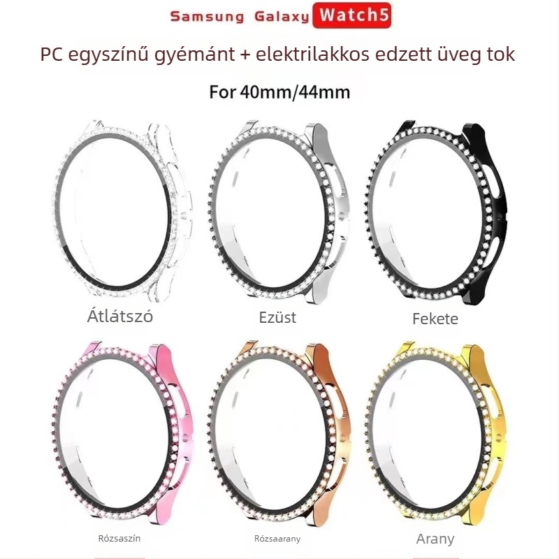 Okosóra tok egysoros gyémánt díszítéssel és integrált edzett kijelzővédővel — szilikon, Samsung Galaxy Watch 5/6 kompatibilis