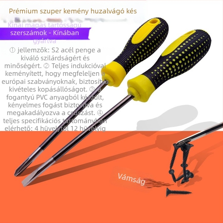 Keresztfejű csavarhúzó műanyag testtel, krom-vanádium ötvözetű nyele