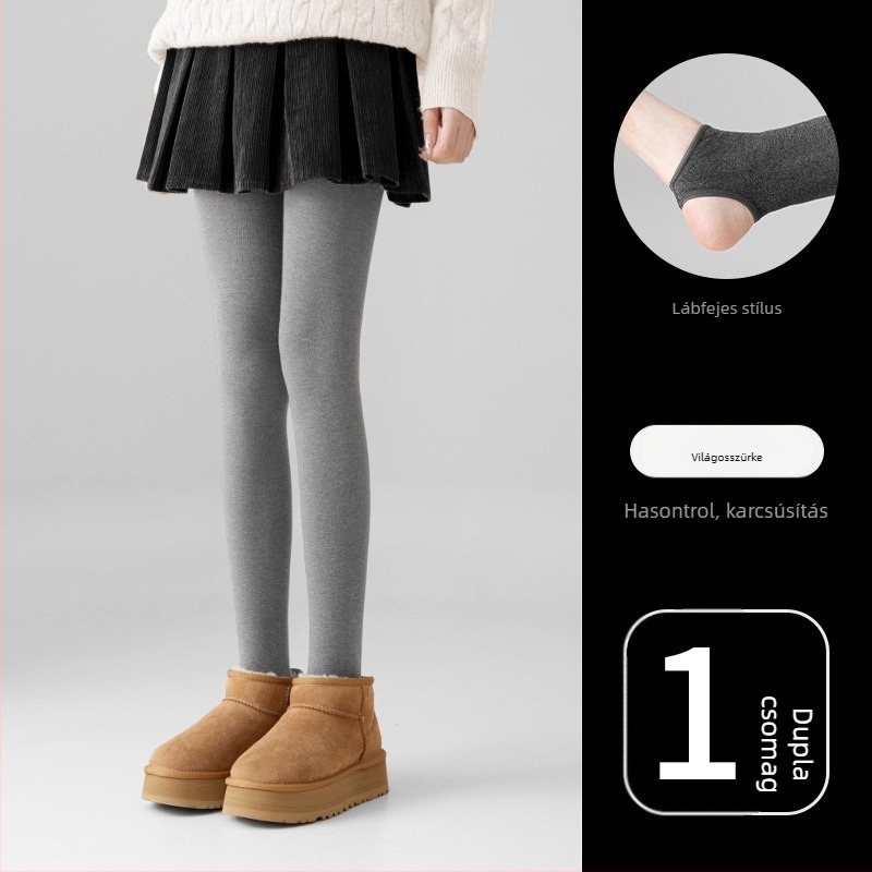 Női egyszínű szürke leggings őszi–téli időszakra fleece béléssel, vastag, külső viselethez alkalmas, kompressziós karcsúsító harisnyák, csúszásmentes, teljes hosszúságú