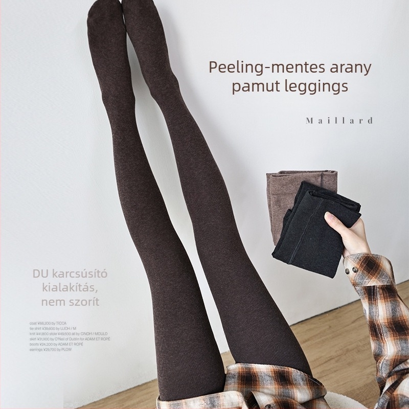 Női pamut harisnya fleece-béléssel, őszi–téli szezonra, vastag és meleg, hasformázó és csípőemelő, Maillard barna.
