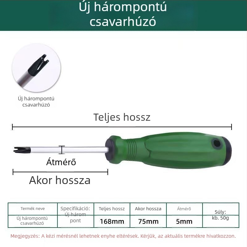 Speciális alakú csavarhúzó többcsúcsú kialítással: U alakú, belső kereszteződés, Y alakú, plum blossom kereszteződés, háromszög alakú; Cr-V acél, nem szigetelt, 60 g