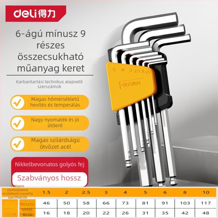Króm-vanádium/S2 acélból készült belső hatszög kulcs készlet, metrikus méretű, nikkelezett bevonatú, L‑alakú fej ball-head-tel, multifunkciós csavarhúzó