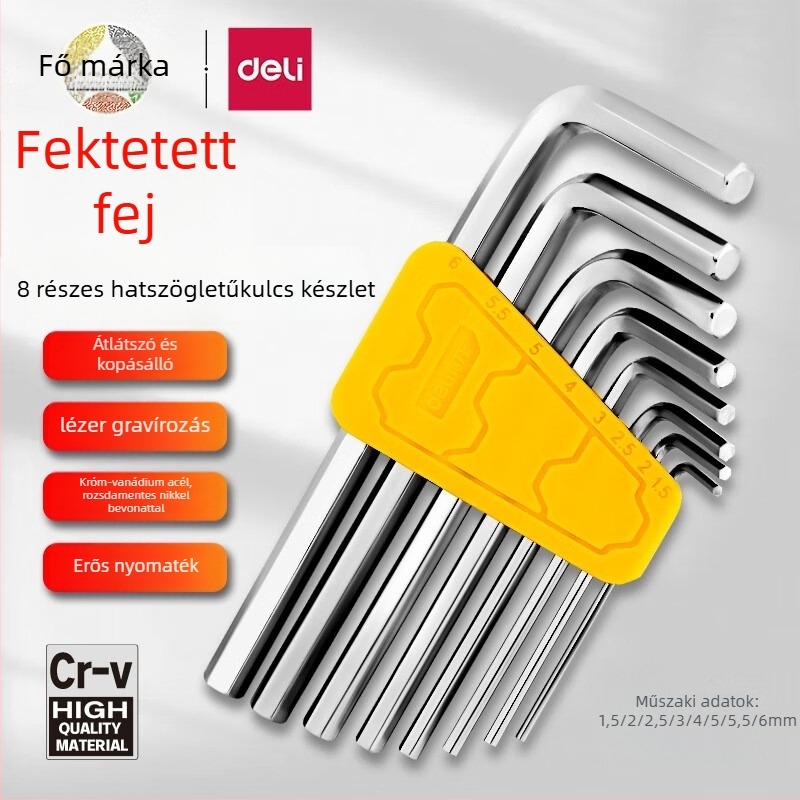 Króm-vanádium/S2 acélból készült belső hatszög kulcs készlet, metrikus méretű, nikkelezett bevonatú, L‑alakú fej ball-head-tel, multifunkciós csavarhúzó