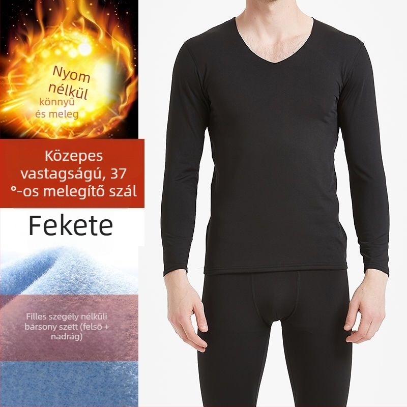 Férfiaknak készült varrás nélküli termikus alsóruha készlet, V-nyakú pulóveres felső, testhez álló nadrág, poliészter anyag, vast szövésű ruha (201-250 g/m2)