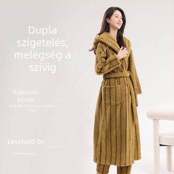 Női téli korall velúr kapucnis köntöse – csíkos pizsama, otthoni viselet