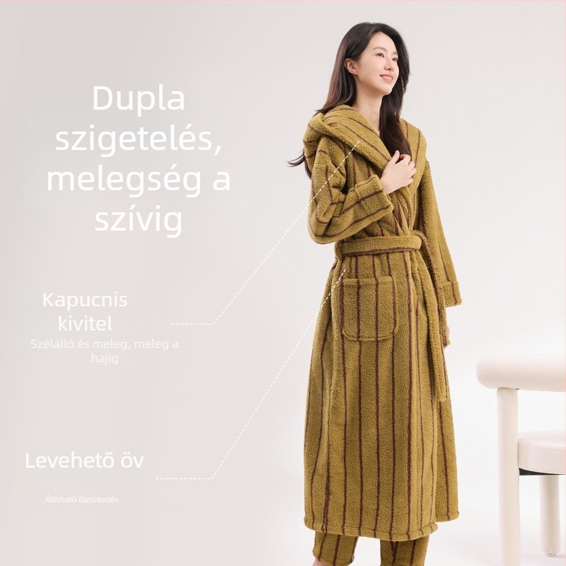 Női téli korall velúr kapucnis köntöse – csíkos pizsama, otthoni viselet