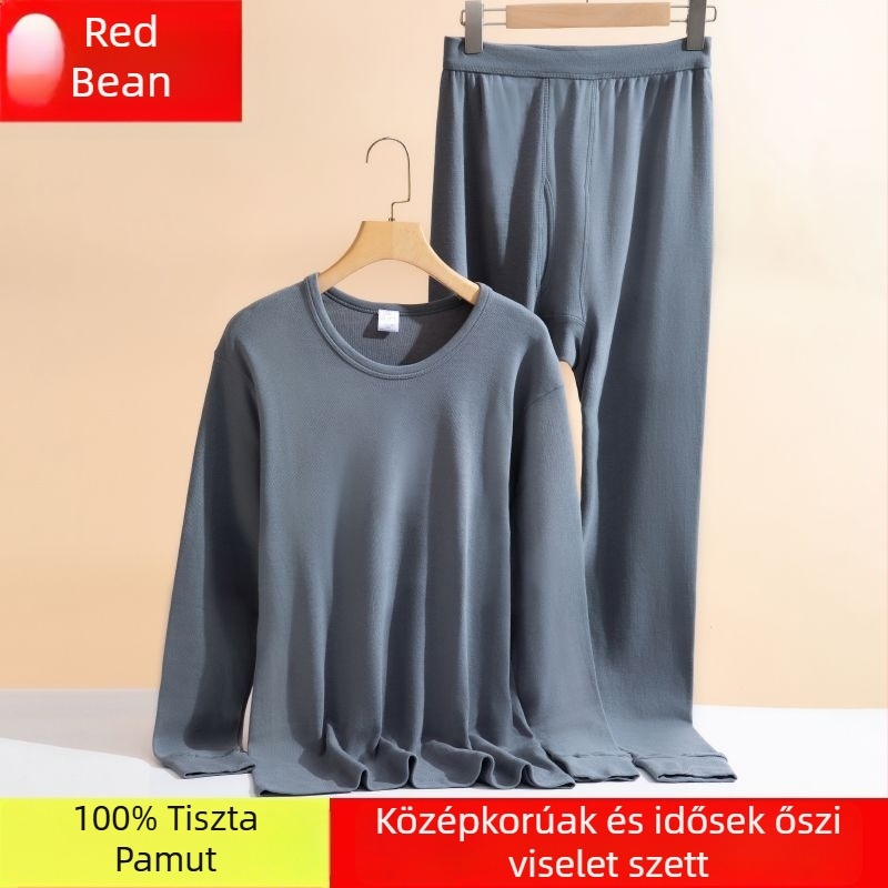 Red Bean férfiaknak 100% pamut őszi alsó- és felsőruha készlet, laza szabás, magas gallér, nagy méret, piros