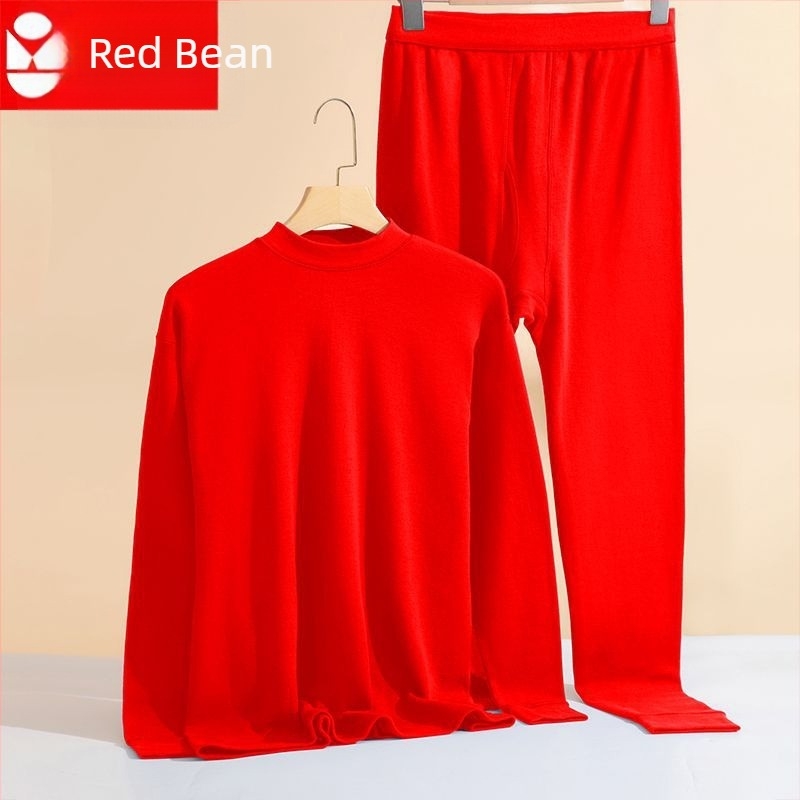 Red Bean férfiaknak 100% pamut őszi alsó- és felsőruha készlet, laza szabás, magas gallér, nagy méret, piros