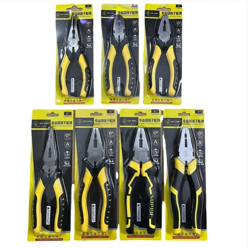 Jun Ding márkájú fogókészlet: hosszú hegyű fogók, diagonális fogók, drótfogók és zárható fogók; különböző tömegek és állkapocs-hosszak