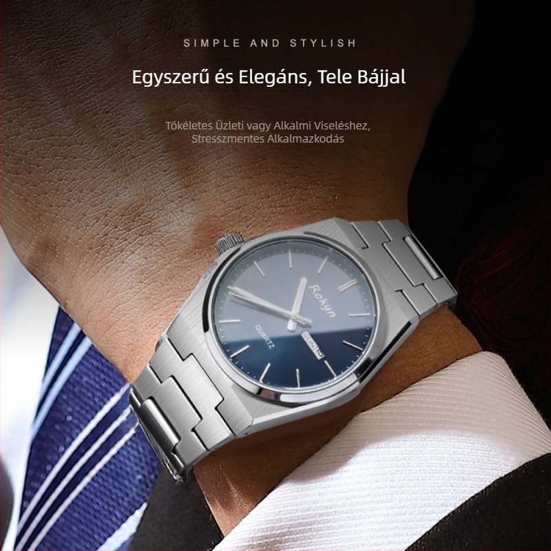 Ultra vékony luxus férfi karóra, kvarcmozgás, 30 m vízállóság, kettős naptár és hét nap kijelző, rozsdamentes acél tokkal és szíjjal