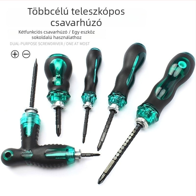 Kétfejű csavarhúzó készlet kinyújtható kis csavarhúzóval, Torx, Phillips és lapos fej; CR-V acél, mágneses, nem szigetelt, fogantyú PP, súly 0.1