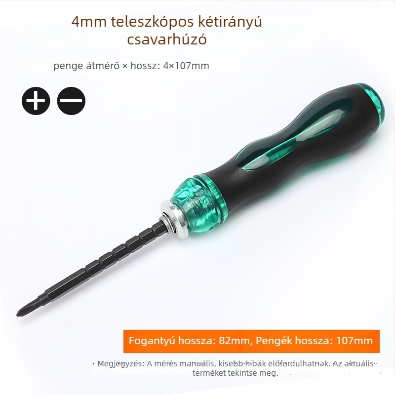 Kétfejű csavarhúzó készlet kinyújtható kis csavarhúzóval, Torx, Phillips és lapos fej; CR-V acél, mágneses, nem szigetelt, fogantyú PP, súly 0.1