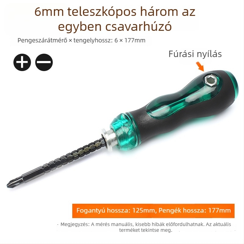 Kétfejű csavarhúzó készlet kinyújtható kis csavarhúzóval, Torx, Phillips és lapos fej; CR-V acél, mágneses, nem szigetelt, fogantyú PP, súly 0.1