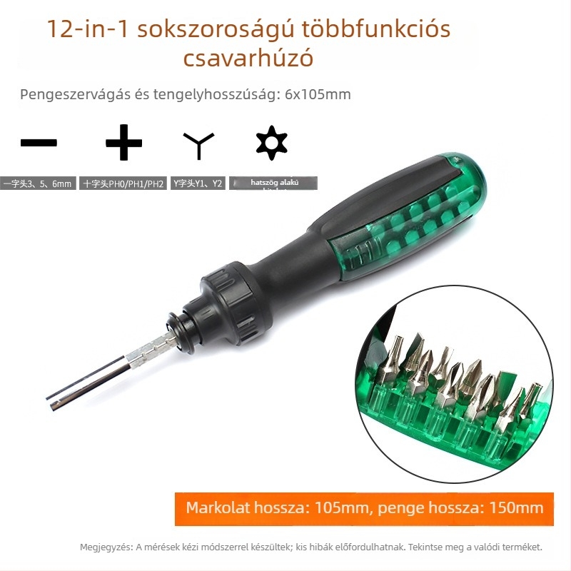 Kétfejű csavarhúzó készlet kinyújtható kis csavarhúzóval, Torx, Phillips és lapos fej; CR-V acél, mágneses, nem szigetelt, fogantyú PP, súly 0.1