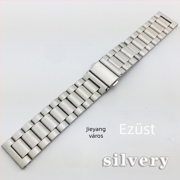 Rozsdamentes acél órapánt összecsukható csattal, kompatibilis Apple Watch, Samsung Watch4 és Huawei GT3 modellekkel; súly körülbelül 106 g; 2020-ben jelent meg.