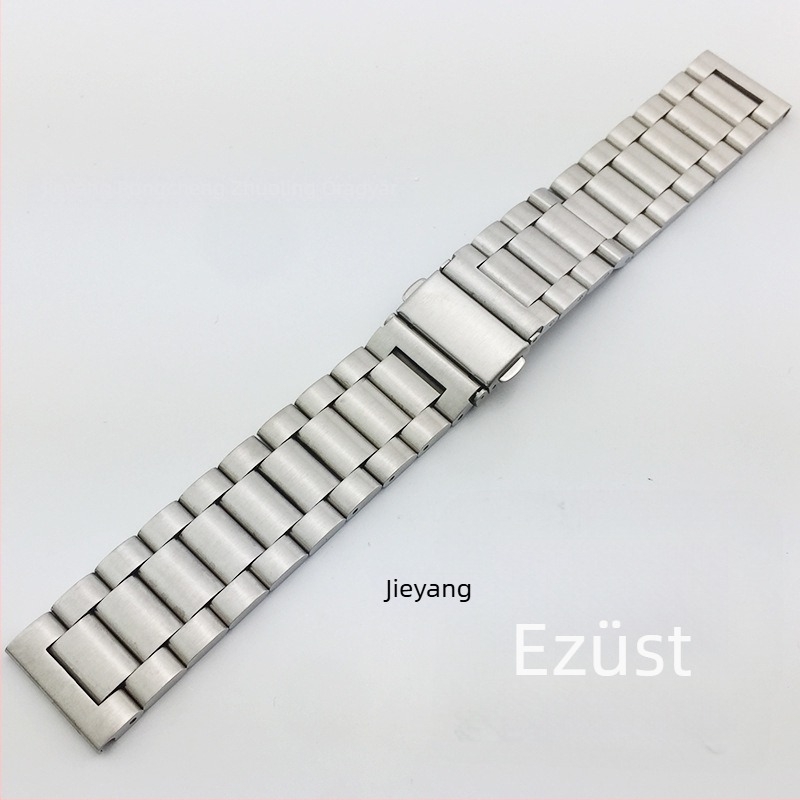 Rozsdamentes acél órapánt összecsukható csattal, kompatibilis Apple Watch, Samsung Watch4 és Huawei GT3 modellekkel; súly körülbelül 106 g; 2020-ben jelent meg.