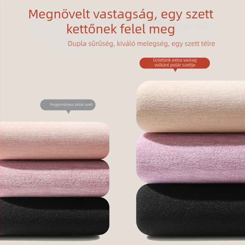 Női ultra vastag vulkáni bársony termoszett fleece bélésével, téli alapréteg: hosszú ujjú felső és hosszú nadrág, egyszínű.