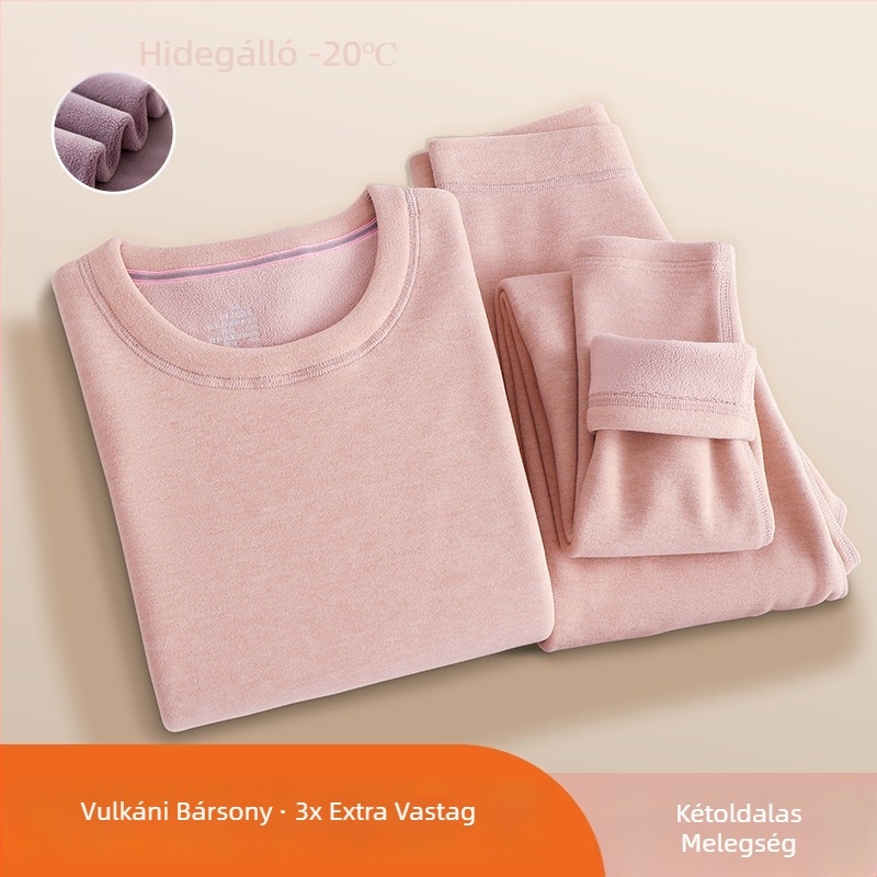 Női ultra vastag vulkáni bársony termoszett fleece bélésével, téli alapréteg: hosszú ujjú felső és hosszú nadrág, egyszínű.