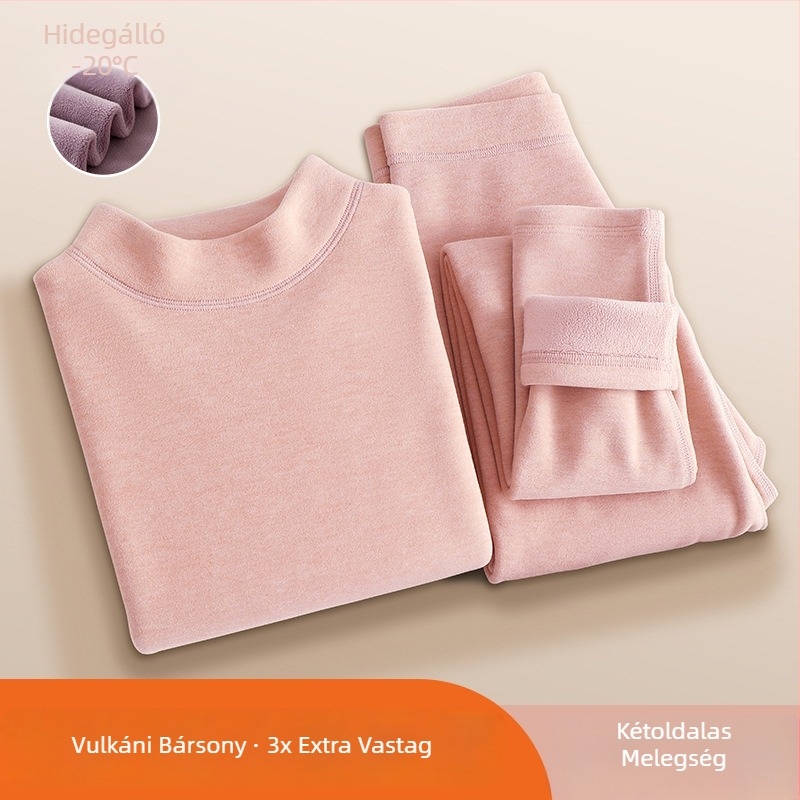 Női ultra vastag vulkáni bársony termoszett fleece bélésével, téli alapréteg: hosszú ujjú felső és hosszú nadrág, egyszínű.