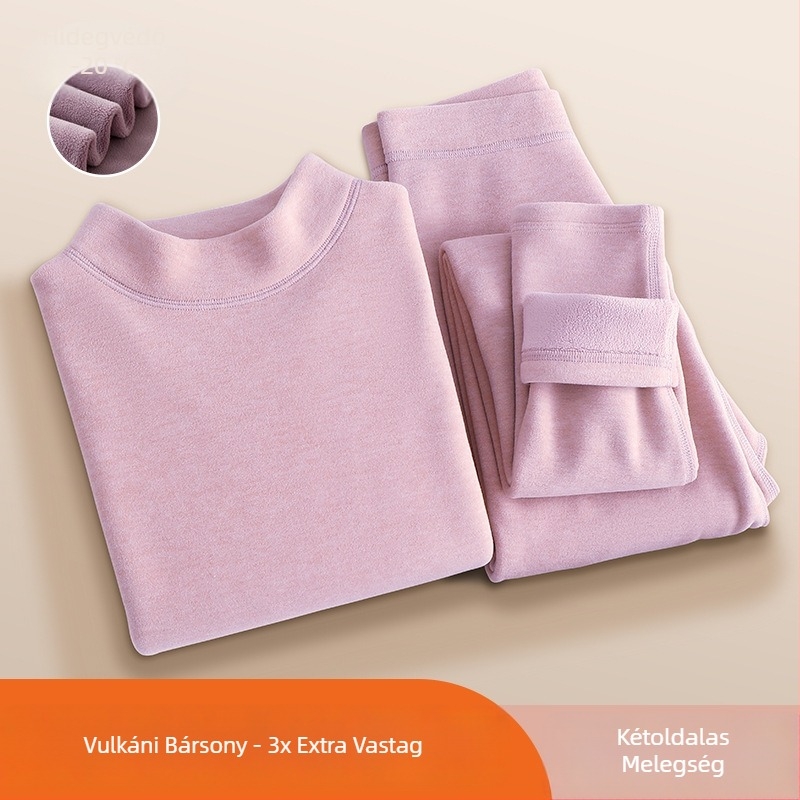 Női ultra vastag vulkáni bársony termoszett fleece bélésével, téli alapréteg: hosszú ujjú felső és hosszú nadrág, egyszínű.