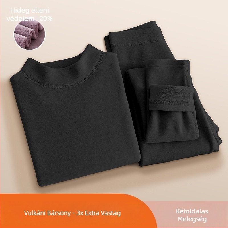 Női ultra vastag vulkáni bársony termoszett fleece bélésével, téli alapréteg: hosszú ujjú felső és hosszú nadrág, egyszínű.