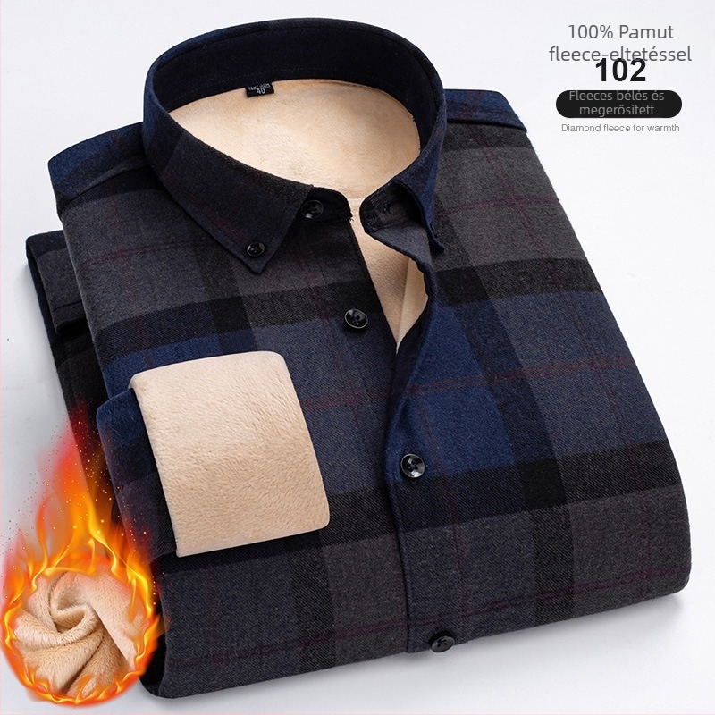 100% pamutból készült kockás ing fleece béléssel, négyzetes gallérral és hosszú ujjú.