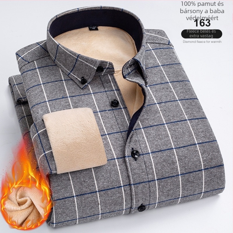 100% pamutból készült kockás ing fleece béléssel, négyzetes gallérral és hosszú ujjú.